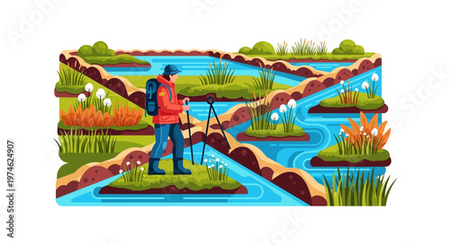 Photographer with backpack and tripod capturing nature scene.