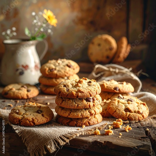 A rustic still life captures a stack of chocolate chip cookies with nuts, beside a flower vase and old wood backdrop