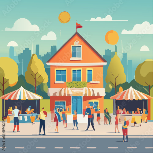 Fête de Quartier Géométrique avec Habitants, Guirlandes et Rassemblement Communautaire
