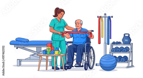 Physical therapist assisting elderly man in wheelchair with resistance band exercise.