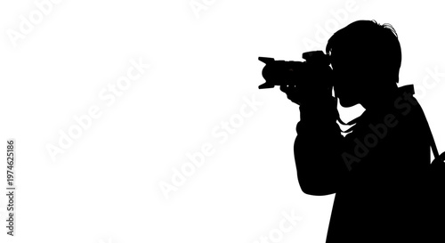 Silhouette of a photographer taking a picture with a camera, isolated on white background