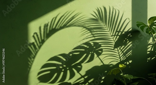 Green shadows of leaves on a wall, natural light, aesthetic.