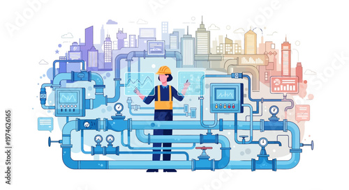 Plumbing system engineer overseeing complex industrial pipeline network.