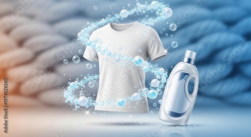 Fresh white t-shirt and detergent bottle surrounded by sparkling bubbles symbolize powerful cleaning for pristine fabric care