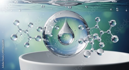 Molecular structures and a pure water droplet merge in a clear liquid environment, symbolizing scientific hydration and cosmetic innovation