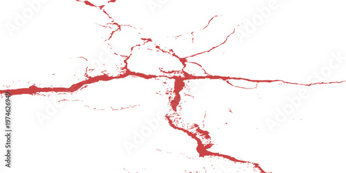 A vibrant red liquid paint splash with grunge ink textures and blood-like splatters creates an artistic water stain design on an isolated backdrop illustration