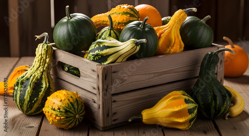 Variety of colorful pumpkins and squash in a wooden crate on a rustic table