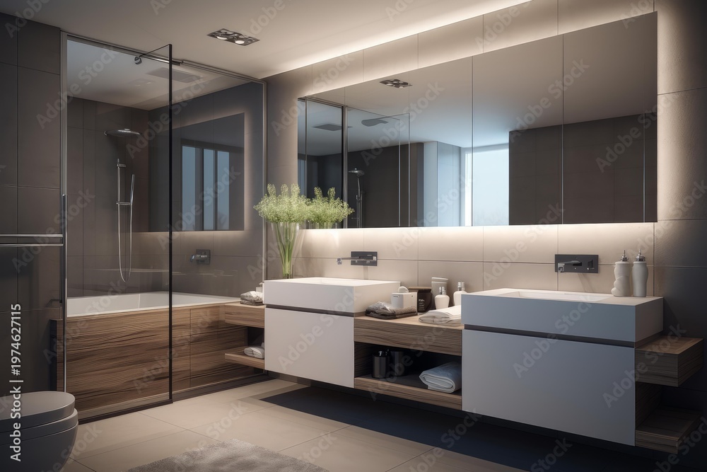Fototapeta premium Contemporary bathroom featuring double vanity, floating cabinet, mirror, bathtub, and natural wood details