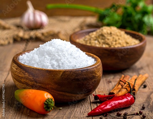 A rustic still life of culinary ingredients. Salt and spices sit in wooden bowls alongside peppers, cinnamon, and garlic. Fresh herbs complete the scene