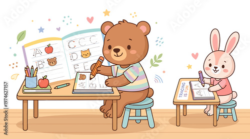Cute Bear and Bunny Learning to Write at School, Educational Illustration for Kids