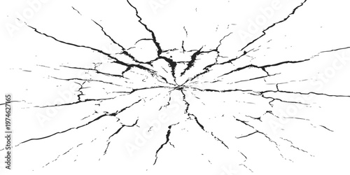 A grunge vector illustration featuring a black ink splash of paint through a hole in a glass frame with a silhouette of a nature tree branch and dandelion flower pattern on dirty paper texture