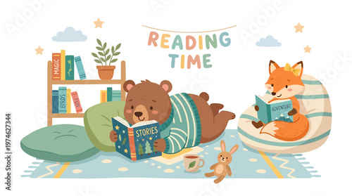 Cute Bear and Fox Reading Books Together, Cozy Reading Time Illustration