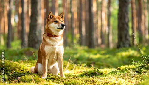 A regal canine sits alert amidst a sunlit, verdant forest floor, framed by tall, slender trees, basking in nature's glow