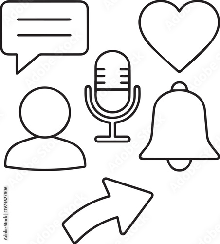 Communication Icon Set – Message Microphone Bell Notification Outline Vector