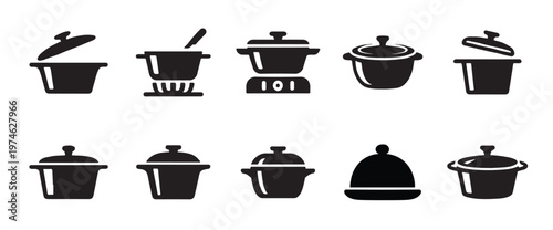 Collection of steaming cooking pots and pans with lids open and closed silhouette set. Cooking pot and saucepan icon set isolated on white background for kitchen cookware, vector illustration.