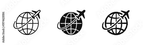 Airplane flying around globe icon set in doodle style. Hand-drawn black and white world travel and global journey symbols.
