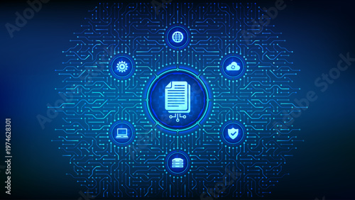 Digital transformation. Digitization of business processes modern technology concept. Background with circuit board connections and tech icons. Disruption, innovation solutions. Vector Illustration.