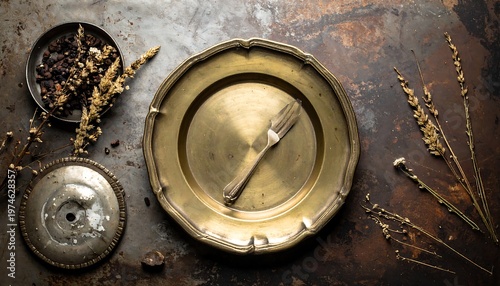 A rustic still life shows a vintage metal plate and fork, accompanied by sprigs and a small dish on a textured background