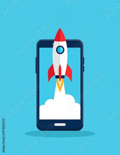 A rocket blasting off from a smartphone screen with blue background. The rocket is white and red, leaving a trail of smoke