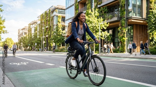Young woman commuting by bicycle on sunny urban street with green buildings, bike lane, backpack and casual business outfit smiling as she rides confidently