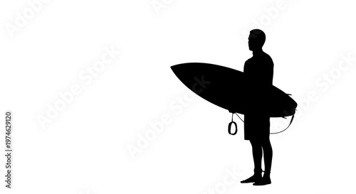 Silhouette of a Surfer Holding a Surfboard on a White Background
