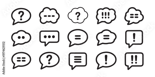 Dialogue bubble outline set with various punctuation marks like question signs and exclamation points vector.