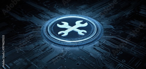 The Wrench Icon on a Futuristic Glowing Circuit Board Representing Digital Repair