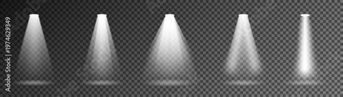 Creative vector illustration of bright lighting spotlights set, light sources isolated on transparent background. Art design beam for concert, scene illumination. Abstract concept graphic element