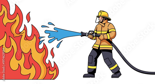 Illustration of firefighter extinguishing flames with water hose