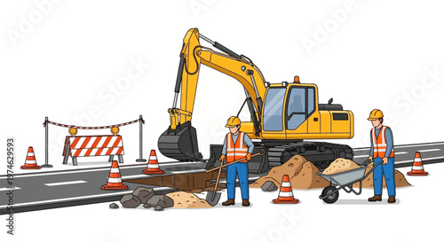 Construction workers operating heavy machinery on a road repair site