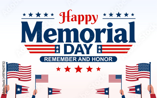 Happy Memorial Day Patriotic Typography with American Flags Flat Design. Clean flat illustration style with stars and stripes elements, perfect for holiday promotions, social media and posters.