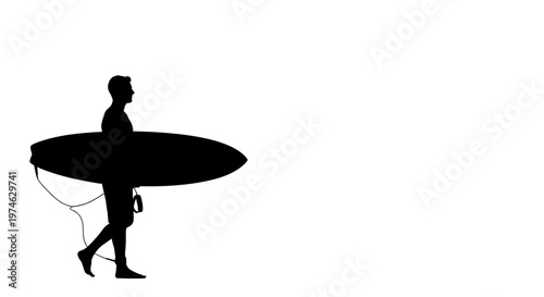 Silhouette of a surfer walking with surfboard on white background