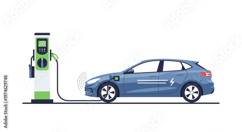 Electric car charging at station with white background