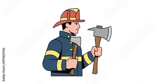 Cartoon firefighter holding axes in uniform on white background
