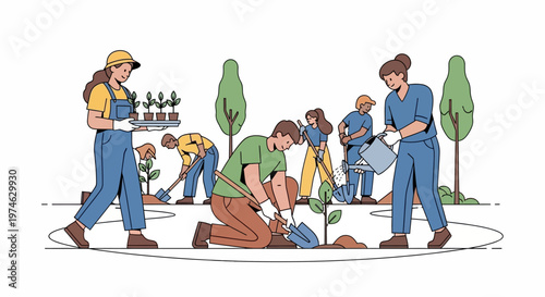 Group of volunteers planting trees in a community garden