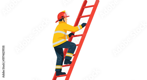 Firefighter climbing a red ladder in safety gear illustration