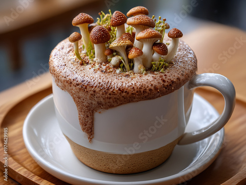 Mushroom coffee drink art with foamy cream