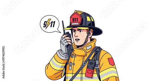 Illustration of firefighter in uniform using radio communication device