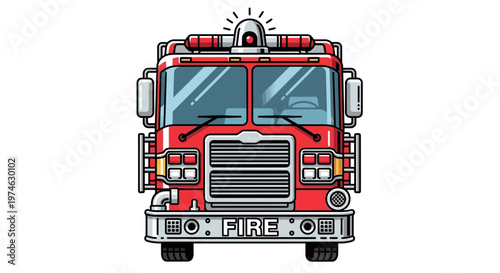 Front view illustration of a red fire truck with sirens