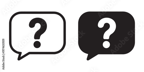 Two speech bubbles with question marks one outlined and one filled black on white background representing inquiry.