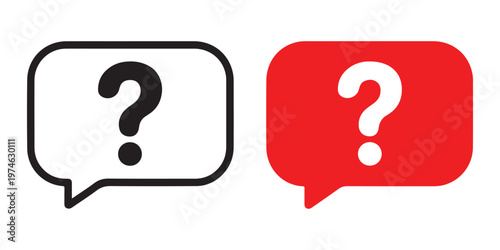 Speech bubble icons with question marks one outlined and one solid red indicating inquiry or doubt.
