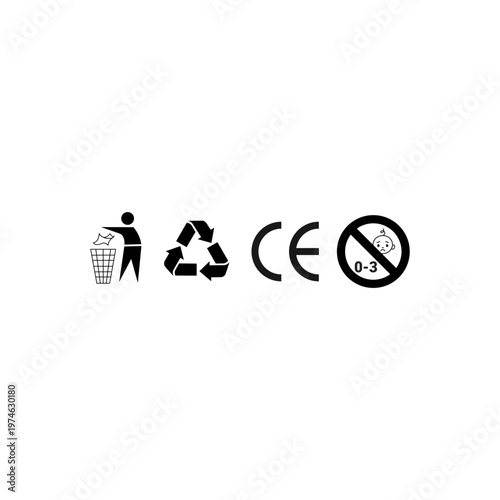 TRASHBIN RECYCLING CE MARK FORBIDDEN SIGN VECTOR DESIGN SYMBOLS
