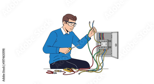 Electrician repairing electrical panel with tools in hand