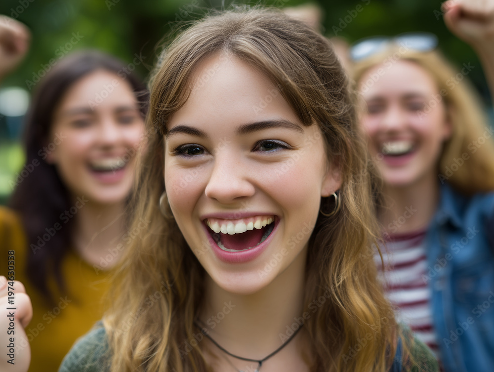 Fototapeta premium Happy young women cheering celebrating friendship outdoors