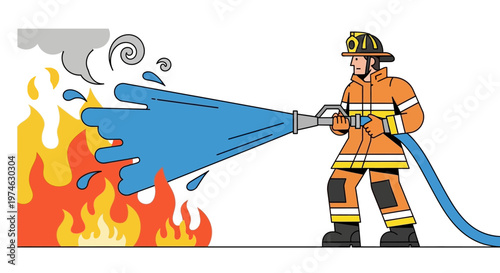 Firefighter Extinguishing Flames with Hose in Vector Illustration