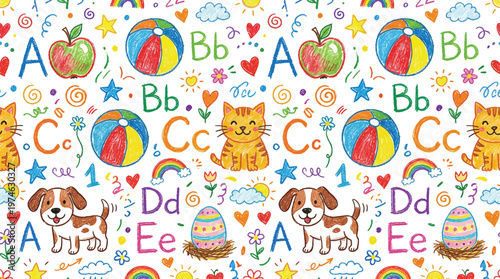 A colorful and playful alphabet pattern featuring cartoon animals and objects Ai, eps, jpg, transparent background, png