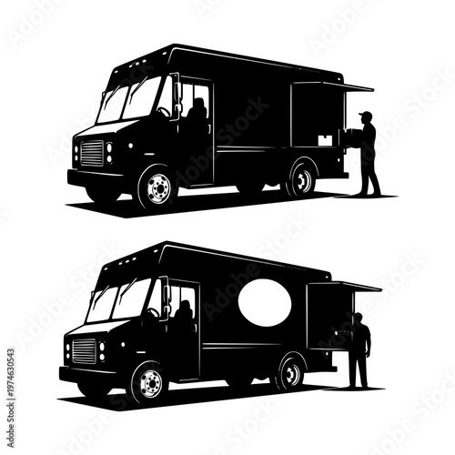 Silhouette of a modern food truck with open serving window and person receiving order