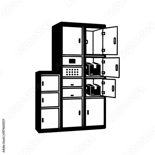 Modern secure parcel lockers with open compartments and packages inside