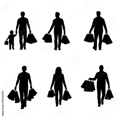 Silhouettes of diverse people carrying shopping bags, representing consumerism and retail activity.