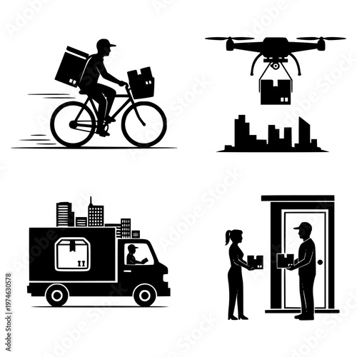 Swift delivery options: bicycle courier, drone, van, and door-to-door service